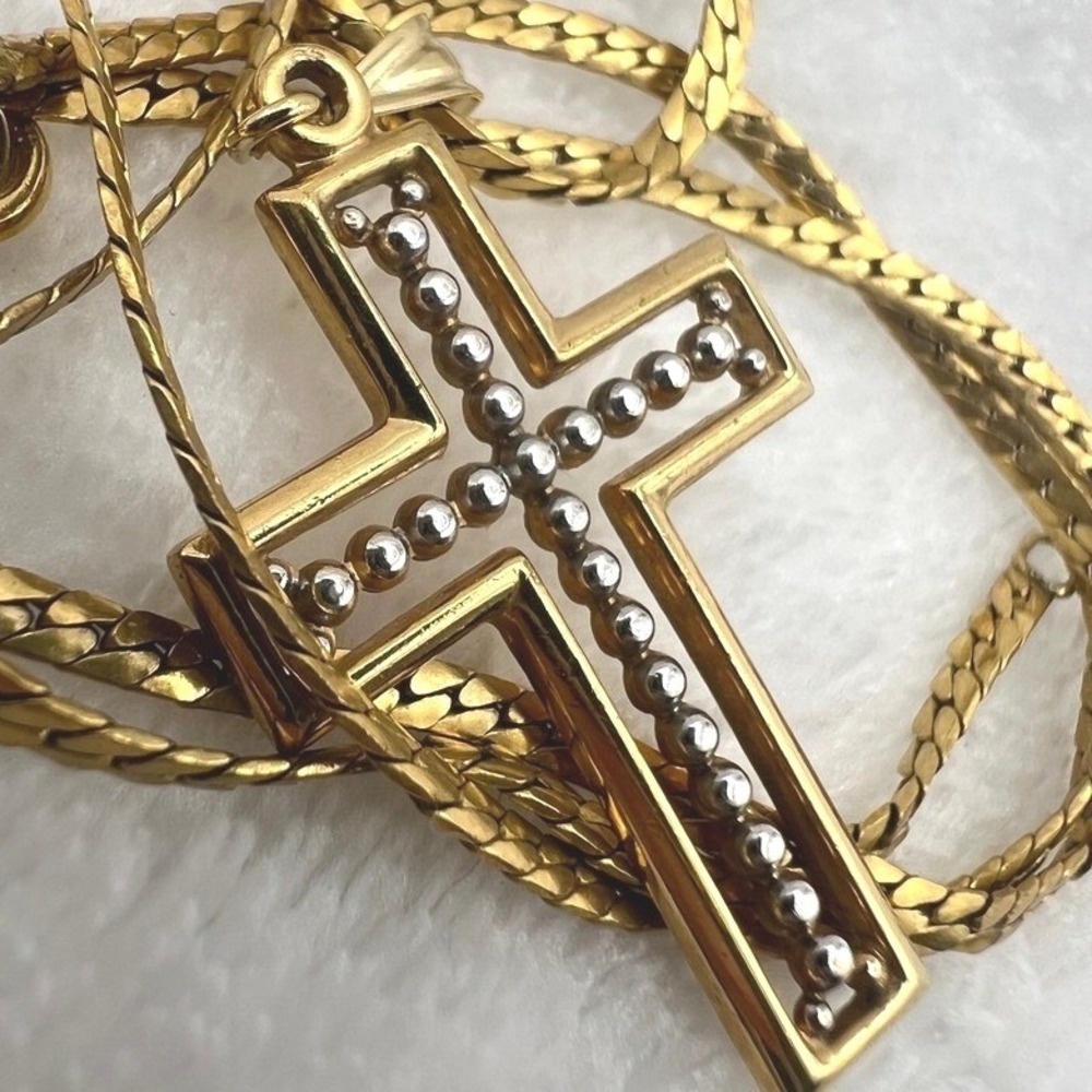 Gold Filled Necklace Cross Two Tone Open Pendant Charm Herringbone Chain 24"